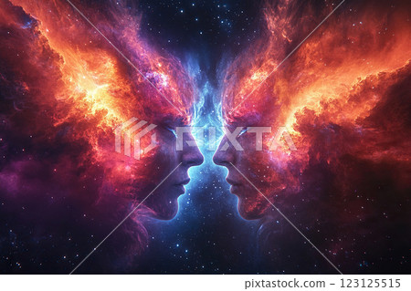 Silhouette of two faces opposite each other in outer space. Human spirit, astronomy, concept of inner world. Universe inside a person. Mental health. 123125515