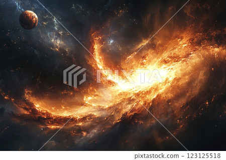 Supermassive black hole with orange rays in deep space sucks in a planet. Futuristic apocalyptic space background. Generated by artificial intelligence 123125518