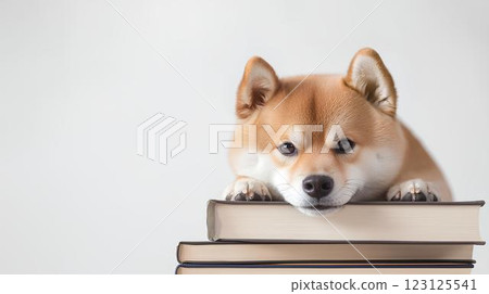 A Shiba Inu resting its chin on a pile of old books 123125541