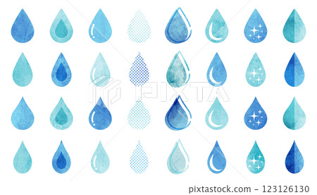 A set of various water droplet-shaped icons (light blue) 123126130