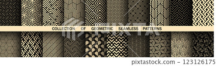 Geometric set of seamless black and golden patterns. Simple vector graphics Geometric set of seamless black and golden patterns. Simple vector graphics 123126175