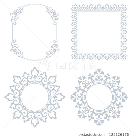 Set of decorative frames Elegant vector element for design in Eastern style, place for text. Floral gray and white borders. Lace illustration for invitations and greeting cards 123126176