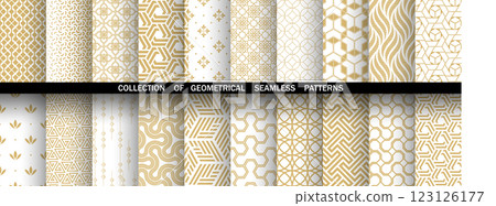Geometric set of seamless golden and white patterns. Simple vector graphics Geometric set of seamless golden and white patterns. Simple vector graphics 123126177