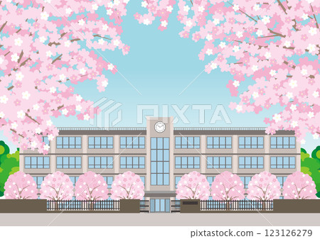 Illustration of a school building in spring with cherry blossoms in bloom. 123126279