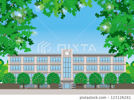 An illustration of a school building with lush green leaves. 123126281
