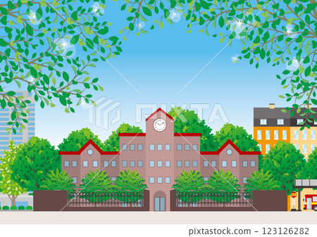 An illustration of a school building with lush... - Stock Illustration ...