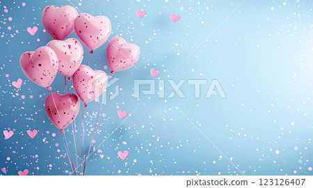 Pink heart shaped balloons on blue background. Happy Valentine's Day or birthday concept. Copy space Pink heart shaped balloons on blue background. Happy Valentine's Day or birthday concept. Copy space 123126407