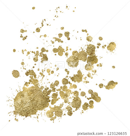 Golden graphic splashes, spots, handmade digital illustration isolated on a white background. 123126635