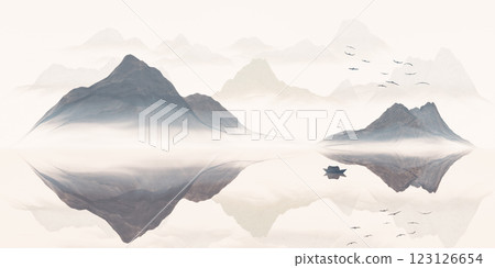 Chinese style ink painting mountains. Chinese style ink painting mountains. 123126654