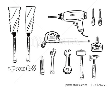 Line drawings of various tools and equipment Illustration set Line drawings of various tools and equipment Illustration set 123126770