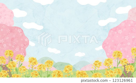 櫻花和油菜花的水彩風景向量插圖 123126961