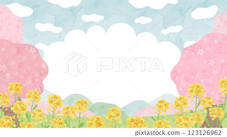Watercolor style landscape vector illustration frame of cherry blossoms and rape blossoms 123126962