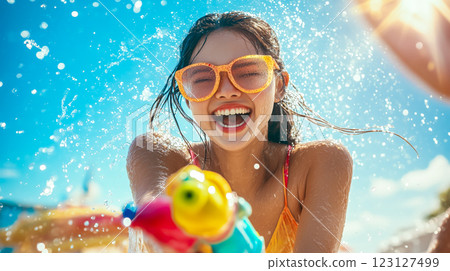 People joyfully splash water during Songkran Festival. The concept of festivity and Thai cultural tradition. Generative AI. 123127499