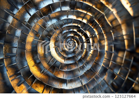 Spiral formation of metallic spikes creates an intriguing visual illusion in modern art installation Spiral formation of metallic spikes creates an intriguing visual illusion in modern art installation 123127664