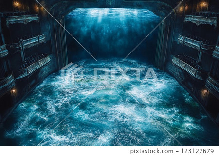 Dramatic theater stage with giant ocean waves crashing in a surreal artistic display 123127679
