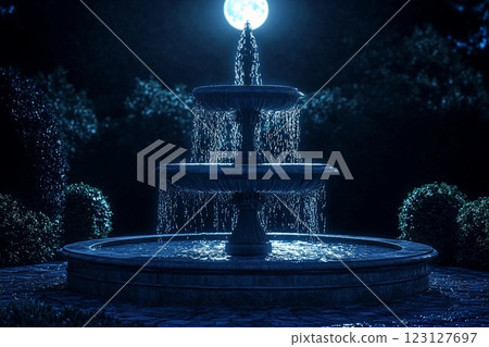 Moonlit fountain illuminates peaceful park at night under a clear starry sky Moonlit fountain illuminates peaceful park at night under a clear starry sky 123127697