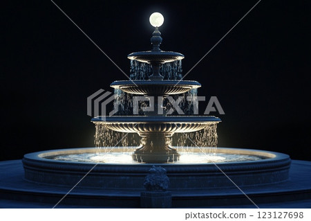 Moonlit fountain illuminates peaceful park at night under a clear starry sky Moonlit fountain illuminates peaceful park at night under a clear starry sky 123127698