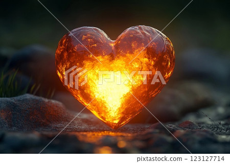 Heart glowing in volcanic lava with intricate metallic veins in a dark setting 123127714