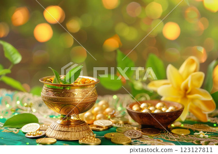 Greeting card with holiday composition for happy Akshaya Tritiya 123127811