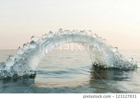 Stunning crystalline bridge over tranquil ocean water under a bright sky 123127831