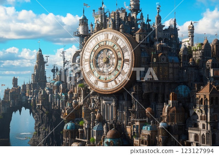 Clock tower forms the centerpiece of a breathtaking medieval cityscape under a clear sky 123127994