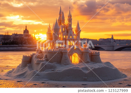 Sandcastle masterpiece glows at sunset on a beach with crashing waves Sandcastle masterpiece glows at sunset on a beach with crashing waves 123127999