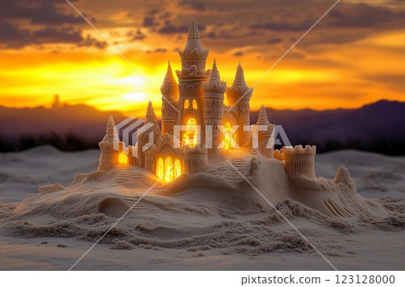 Sandcastle masterpiece glows at sunset on a beach with crashing waves Sandcastle masterpiece glows at sunset on a beach with crashing waves 123128000
