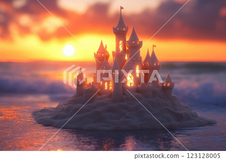 Sandcastle masterpiece glows at sunset on a beach with crashing waves 123128005