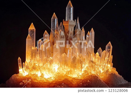 Majestic castle surrounded by towering crystal formations on a misty mountaintop 123128006