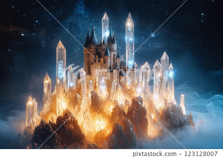 Majestic castle surrounded by towering crystal formations on a misty mountaintop 123128007