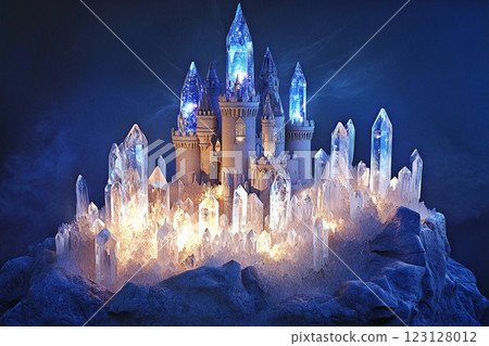 Majestic castle surrounded by towering crystal formations on a misty mountaintop 123128012