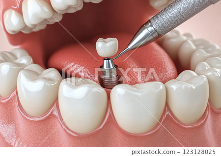 Dental implants displayed in a model of a human jaw demonstrating oral health and restoration procedures 123128025