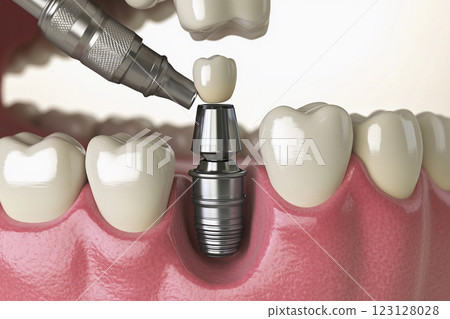 Dental implants displayed in a model of a human jaw demonstrating oral health and restoration procedures 123128028