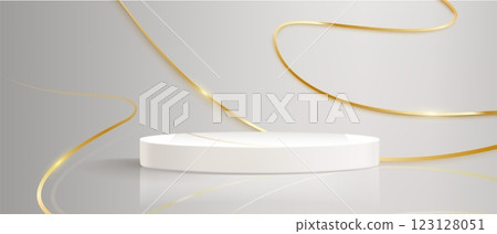 Gold wavy lines around minimalist white podium Gold wavy lines around minimalist white podium 123128051