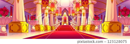 Castle ballroom interior with royal throne 123128075
