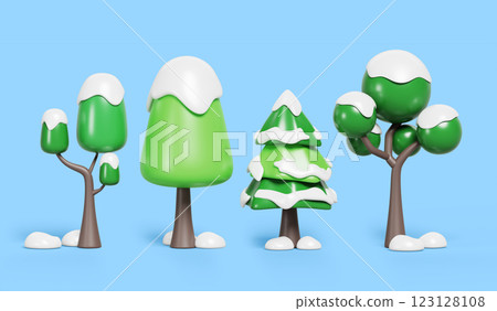 Winter trees with snow cartoon 3d render icon set. Christmas forest, isolated pine, spruce, fir and oak. Holiday covered snowy woods. Landscape design elements, xmas decoration. 3D illustration 123128108