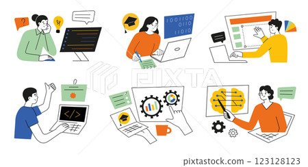 Vector illustration set of online education. Cartoon flat characters learning online. Courses compositions, people training, coding, programming, working in software development, IT, analytics, AI Vector illustration set of online education. Cartoon flat characters learning online. Courses compositions, people training, coding, programming, working in software development, IT, analytics, AI 123128123