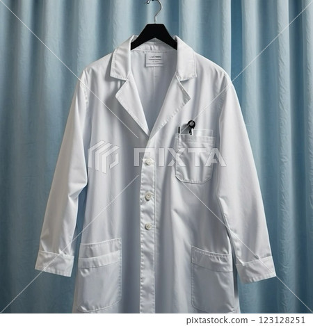 White coat hanging on a hanger 123128251