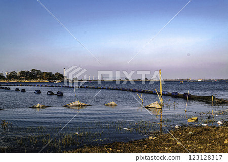 Fishing nets submerged in Patratu Lake, Patratu Valley Water Landscape, India 123128317