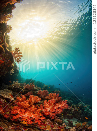 A clear, deep blue ocean with sunlight shining through the surface (AI-generated image) 123128345