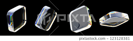 3d crystal glass square plate shapes set with holographic gradient isolated on black background render icon. Abstract transparent cube block with rainbow neon light prism effect. 3D illustration 123128381