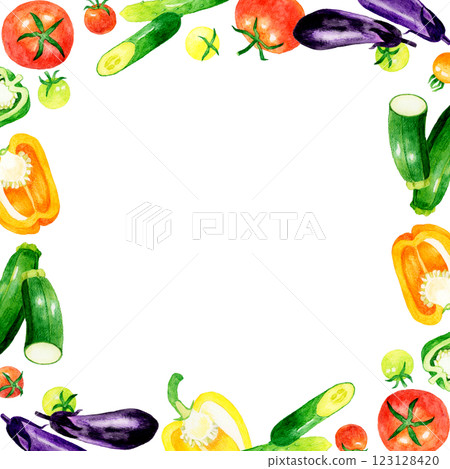 Colorful square frame of summer vegetables Hand-drawn watercolor illustration background material of vegetables 123128420
