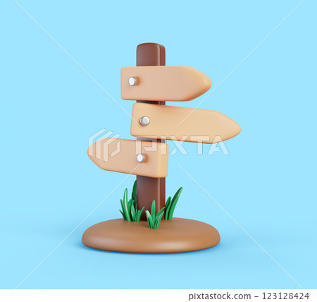 3d wood road sign with direction arrows isolated render icon. Wooden signboard on pole with grass for game information or notice. Vintage billboard guide frame for destination label. 3D illustration 123128424