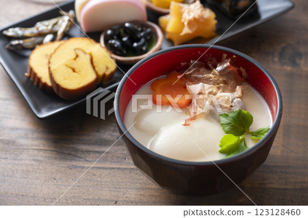 White miso soup and mini New Year's dishes White miso soup and mini New Year's dishes 123128460