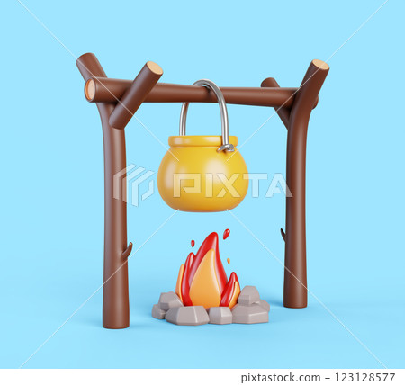 3d cooking food in pot over fire. Stone hearth, bonfire with yellow metal bowler hanging on wooden tripod for camping and summer outdoor recreation. Cartoon isolated render icon. 3D illustration 123128577