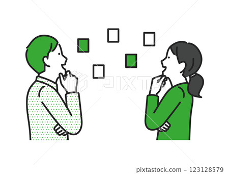 Men and women in casual clothes thinking about a plan Men and women in casual clothes thinking about a plan 123128579