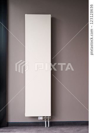 New modern vertical radiator on grey wall 123128636
