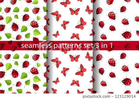 Seamless vector patterns featuring ladybugs and butterflies on a white background for textile design and decor 123129014