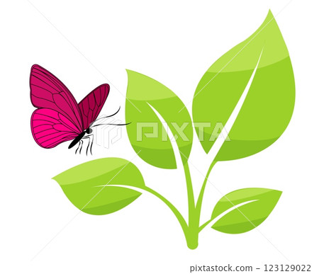 Vivid butterfly resting on vibrant green leaves in a simple vector illustration depicting nature s beauty and harmony Vivid butterfly resting on vibrant green leaves in a simple vector illustration depicting nature s beauty and harmony 123129022