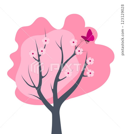 Beautiful sakura tree in full bloom with delicate pink blossoms and a butterfly fluttering nearby during springtime Beautiful sakura tree in full bloom with delicate pink blossoms and a butterfly fluttering nearby during springtime 123129028